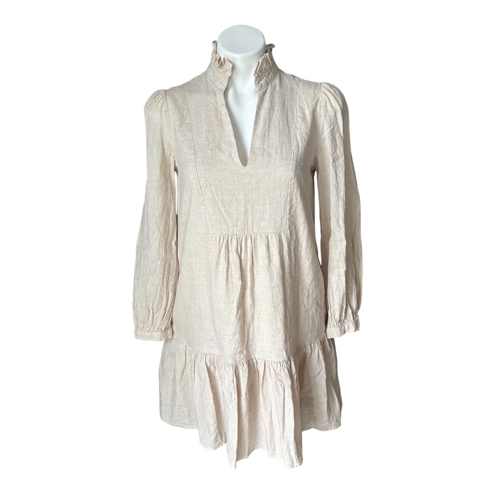 Tuckernuck Stone 100% Linen Palmerston Drop Waist Mini V-Neck Dress Size XS